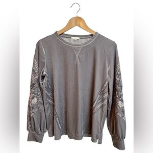 Anthropologie Kate & Sam Embroidered Velvet Blouse Silver Gray Balloon Sleeve S